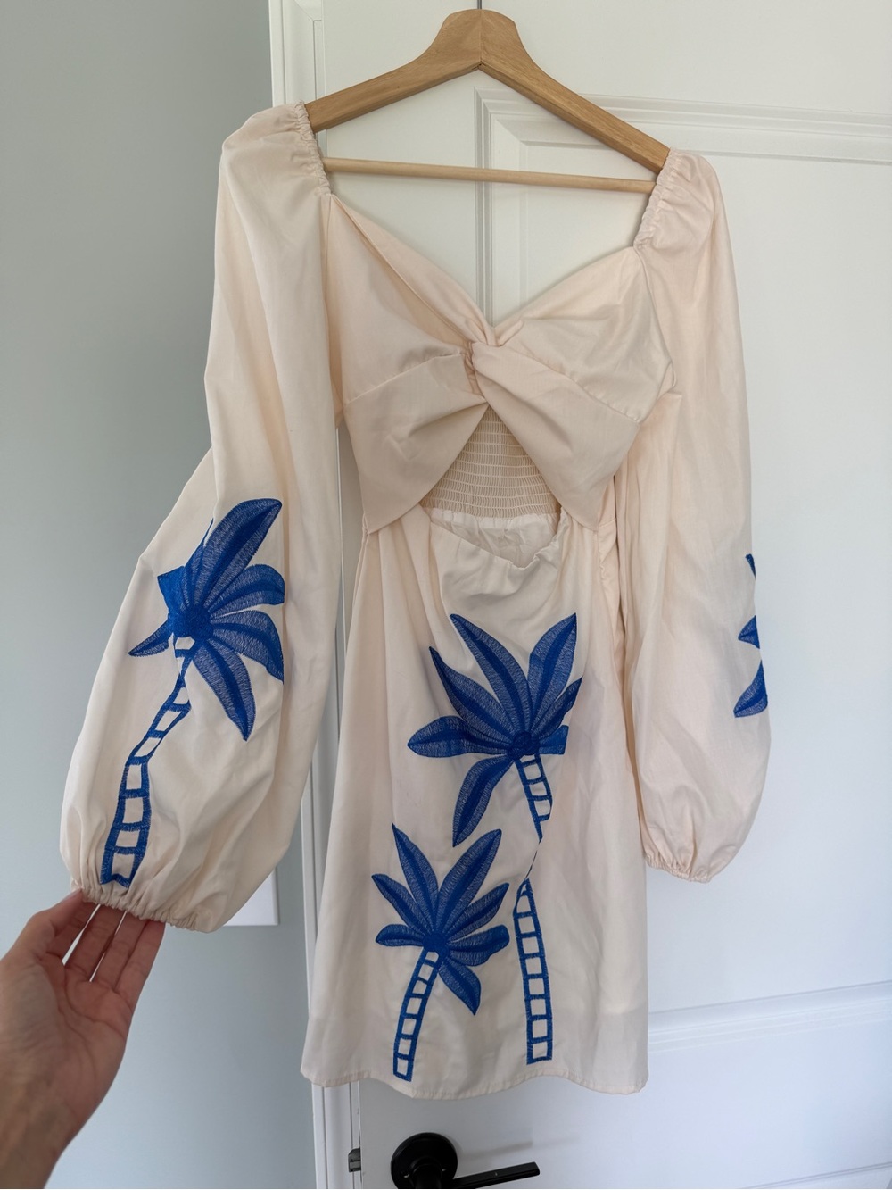 Hope's Cream Mini Dress with Blue Palm Embroidery - Picture 2 of 4